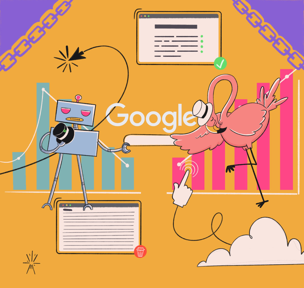 A cartoon illustration featuring a robot and a flamingo.