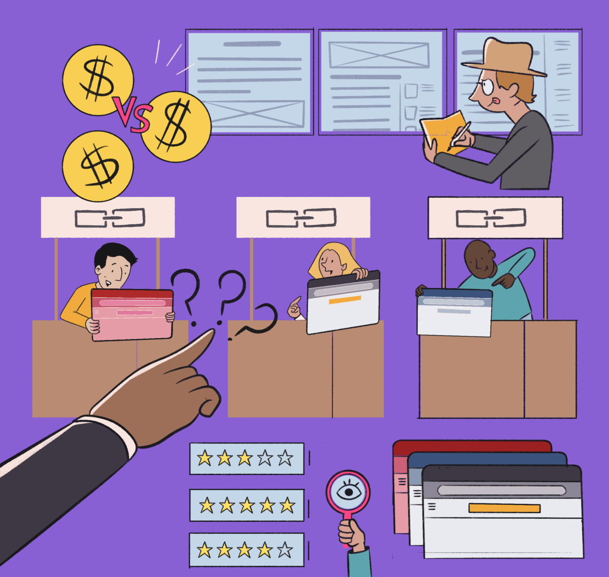 An illustration depicting various aspects of business decision-making, including financial considerations, data analysis, customer feedback, and quality evaluation.