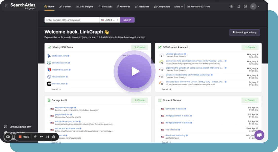 Search Atlas Dashboard with play icon