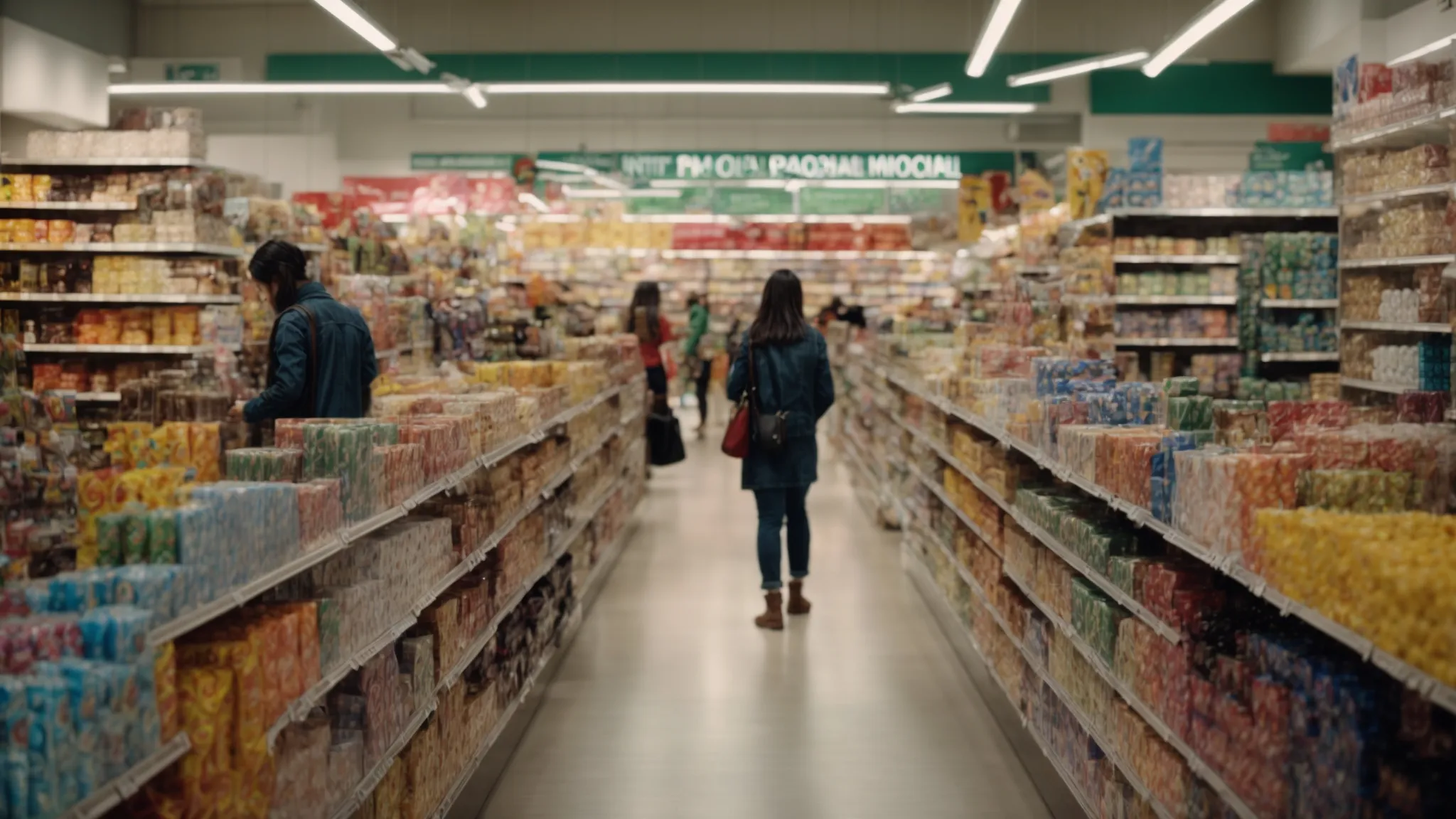 a bustling retail store with colorful shelves stocked with various products and shoppers browsing through the aisles.