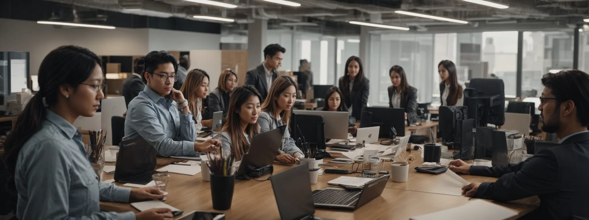 a bustling digital marketing office with professionals engaged in creative brainstorming and content strategy planning.